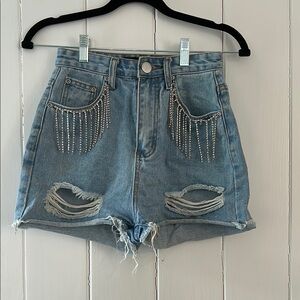 PrettyLittleThing Blue Jean Shorts with Chain Fringe